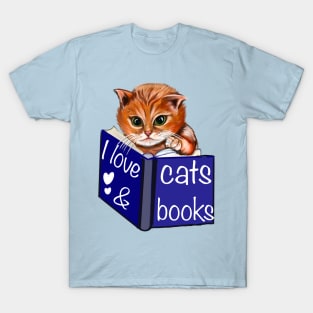 I love cats and books- green eyed Kitten reading a book. White background. For those who love books and reading T-Shirt